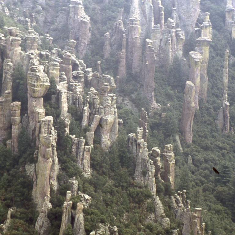 Eine Felsformation mit zahlreichen steilen Türmen und Klippen, die von dichtem Wald umgeben ist.