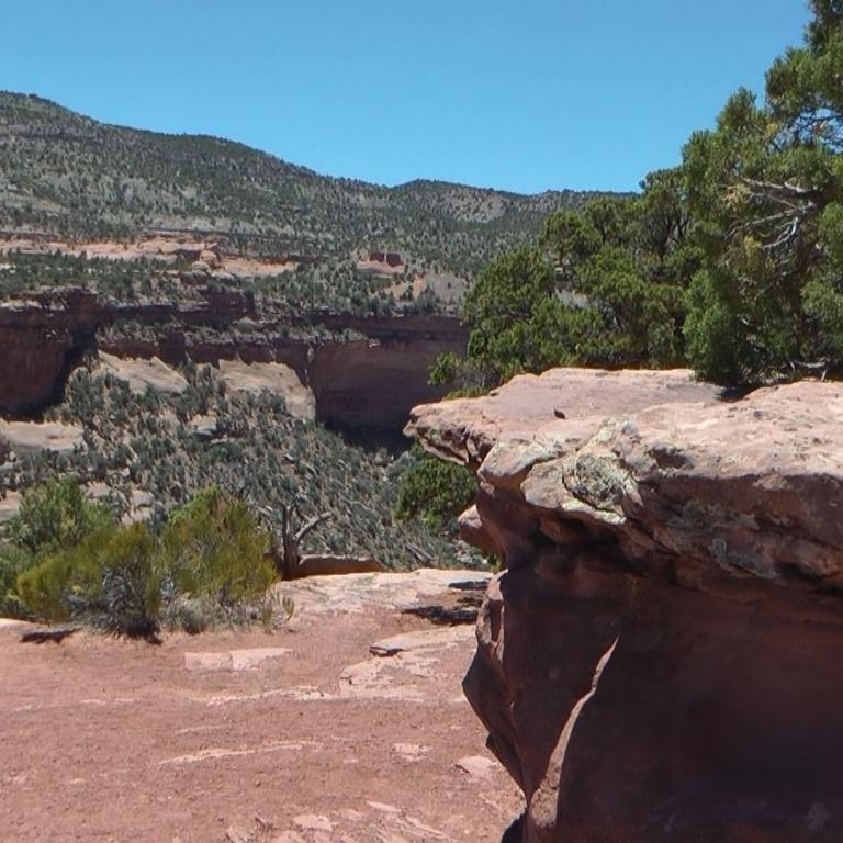 Panoramaansicht einer ariden Landschaft mit geschichteten Felsformationen und einer großen Felsplatte im Vordergrund.