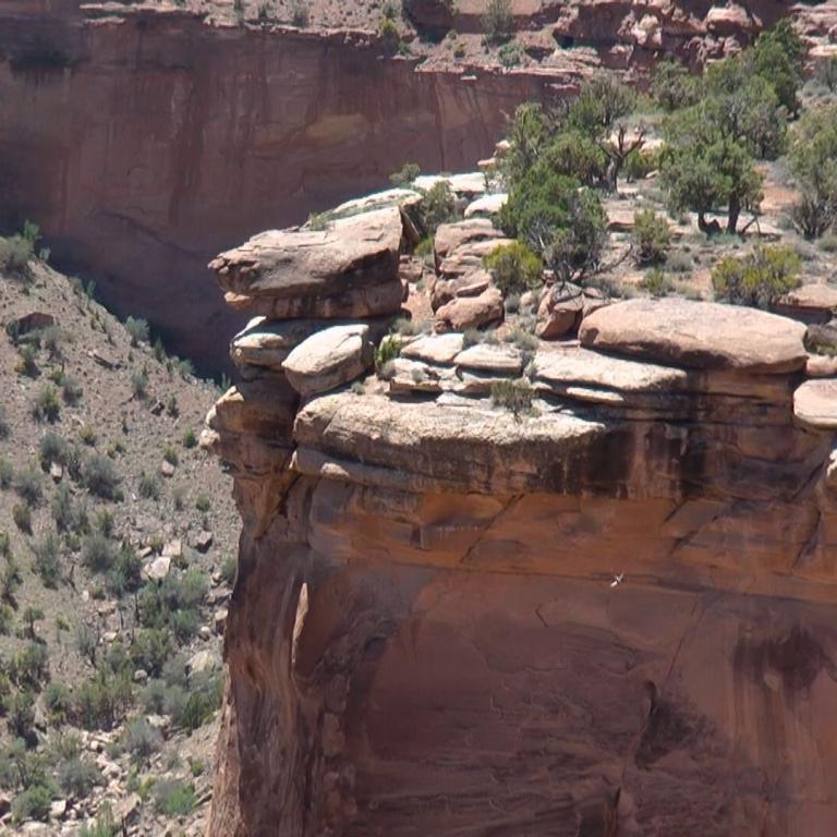 Eine steile Felsklippe mit Vegetation auf der Kante, dahinter ein tiefer Canyon