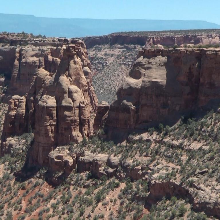 Weite Canyonlandschaft mit steilen, geschichteten Klippen und Buschvegetation im Vordergrund