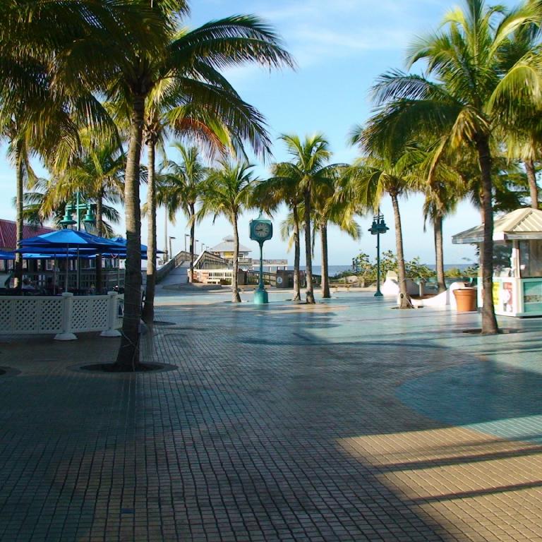 Eine weitläufige Promenade mit zahlreichen Palmen und einem Blick auf das blaue Meer.
