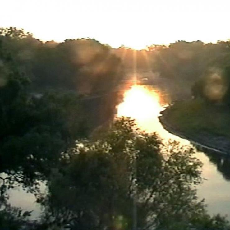 Sonnenuntergang über einem Fluss, gesäumt von dichtem Laubwerk und warmem, goldenem Licht.