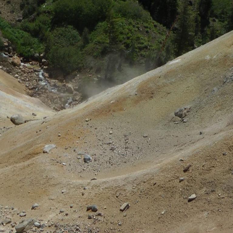 Eine geologische Szene mit hellbraunen Erdhügeln und Sedimentmaterial, im Hintergrund ist eine dichte grüne Waldvegetation erkennbar.