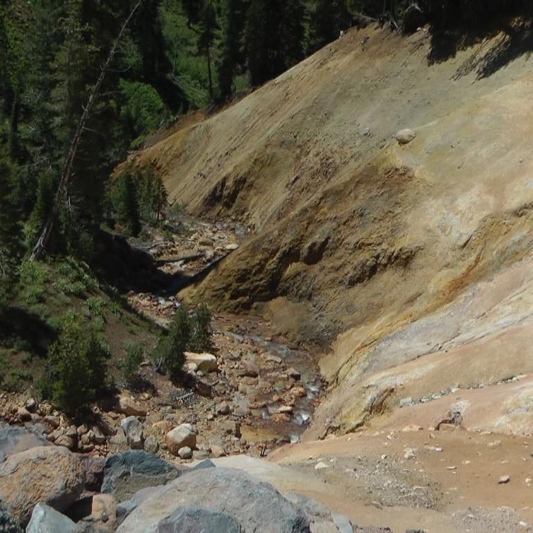 Ein tief eingeschnittener Canyon, der auf der einen Seite dichten Wald und auf der anderen Seite helle, erodierte Uferwände zeigt.