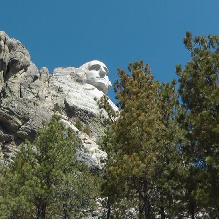 Die Statue von Mount Washington ragt unter einem klaren blauen Himmel hervor, flankiert von dichten grünen Bäumen.