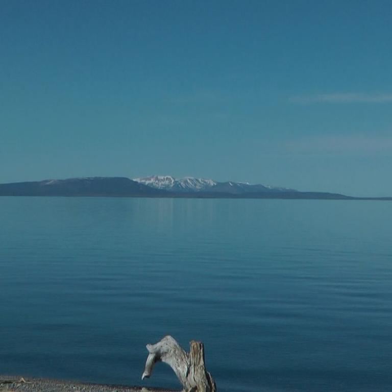 Eine weite Aufnahme von ruhigem blauem Wasser mit einer fernen, nebligen Bergkette und einem Stück Holz im Vordergrund.