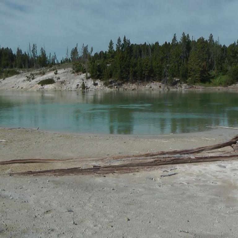 Ein ruhiger See mit bewaldetem gegenüberliegendem Ufer und einem sandigen Strand im Vordergrund.
