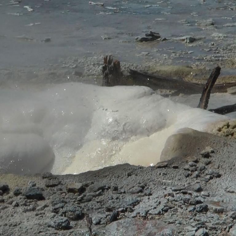 Sehenswürdigkeit an einer Küste mit großen, weißen mineralischen Ablagerungen, dunklem Geröll und Holzresten im seichten Wasser.