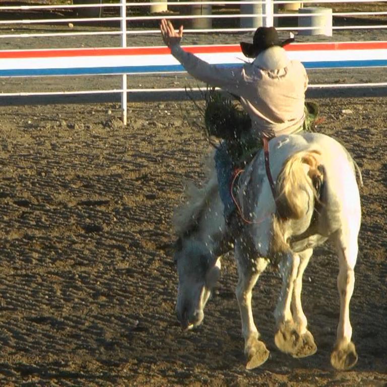 Ein Reiter zu Pferd springt über eine Hindernislaufbarriere im Sand.
