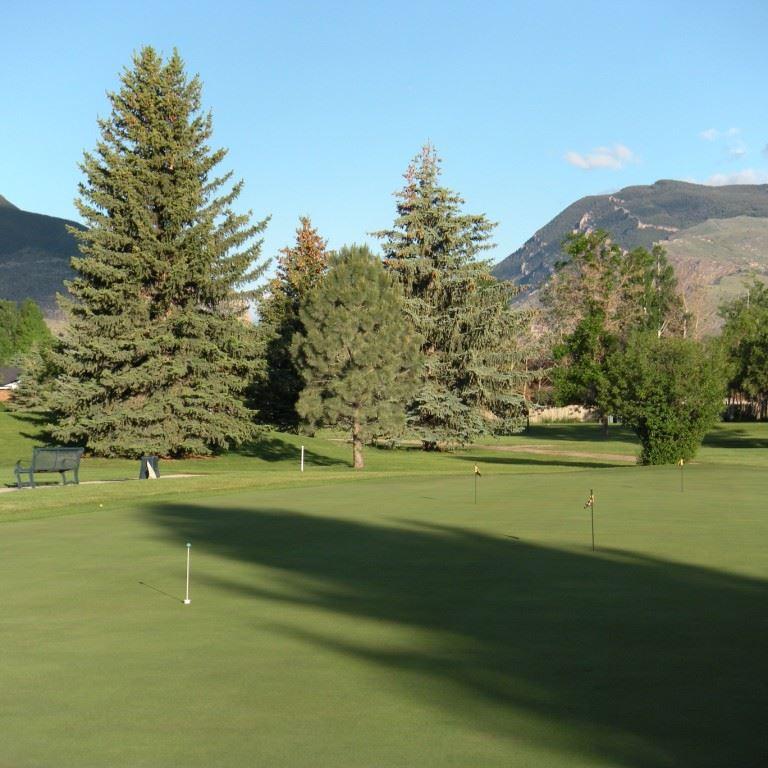 Ein Golfplatz mit zahlreichen Nadelbäumen im Mittelgrund und Blick auf eine Bergkette unter blauem Himmel.